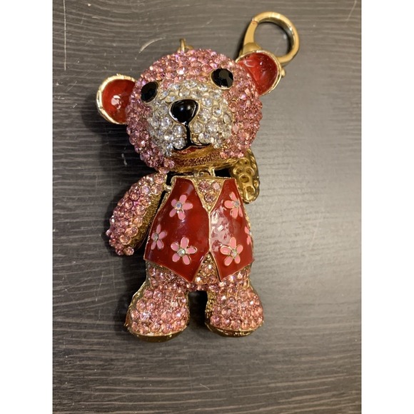 Adorable/Chic Rhinestone Embellished Teddy Bear Bag Charm Keychain Red Pink 3.5" - Picture 5 of 7